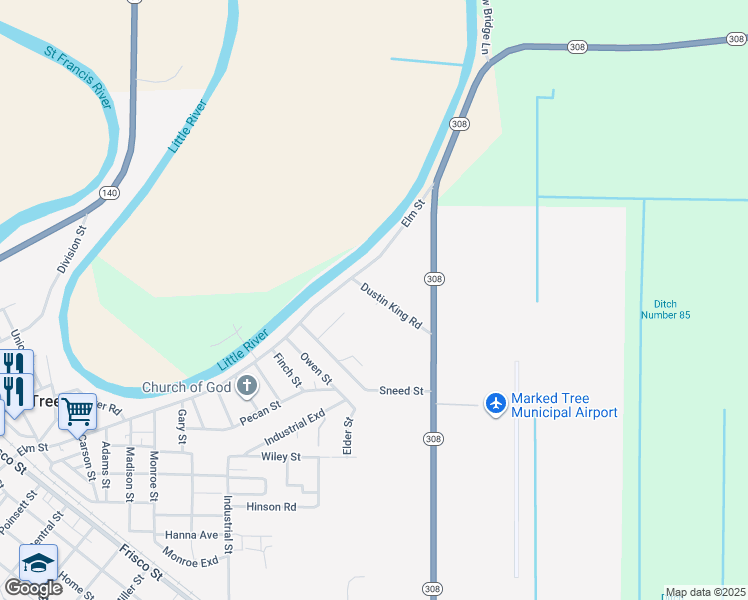 map of restaurants, bars, coffee shops, grocery stores, and more near 120 Dustin King Road in Marked Tree