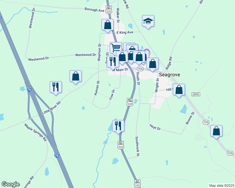 map of restaurants, bars, coffee shops, grocery stores, and more near 233 Yow Drive in Seagrove