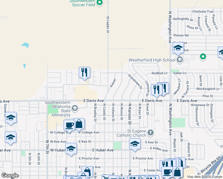 map of restaurants, bars, coffee shops, grocery stores, and more near 1200 Kaiser in Weatherford
