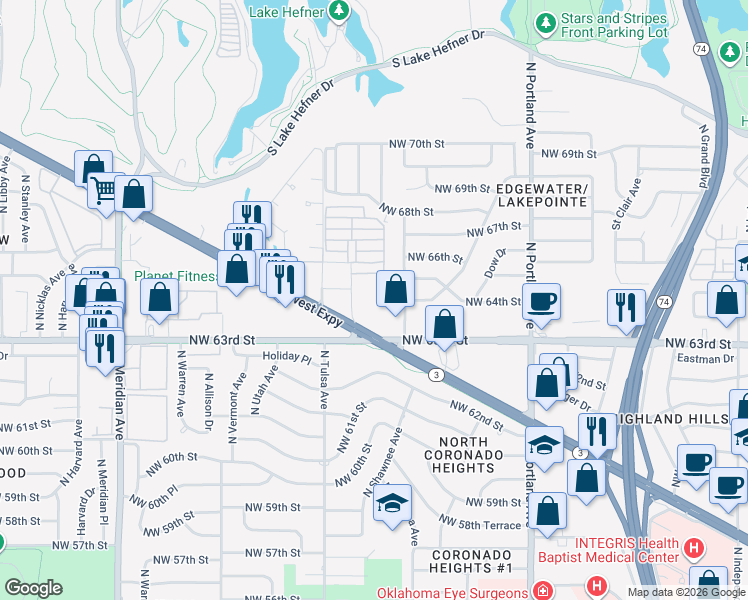 map of restaurants, bars, coffee shops, grocery stores, and more near 4005 Northwest Expressway in Oklahoma City