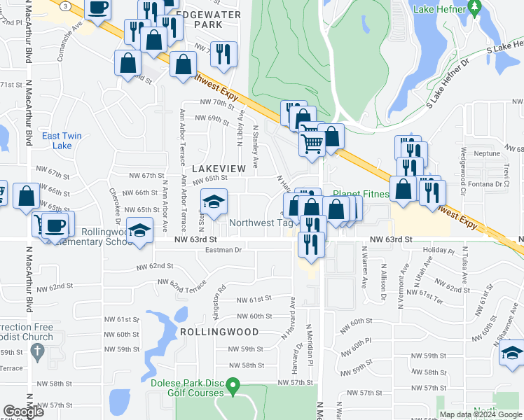 map of restaurants, bars, coffee shops, grocery stores, and more near 6425 North Nicklas Avenue in Oklahoma City