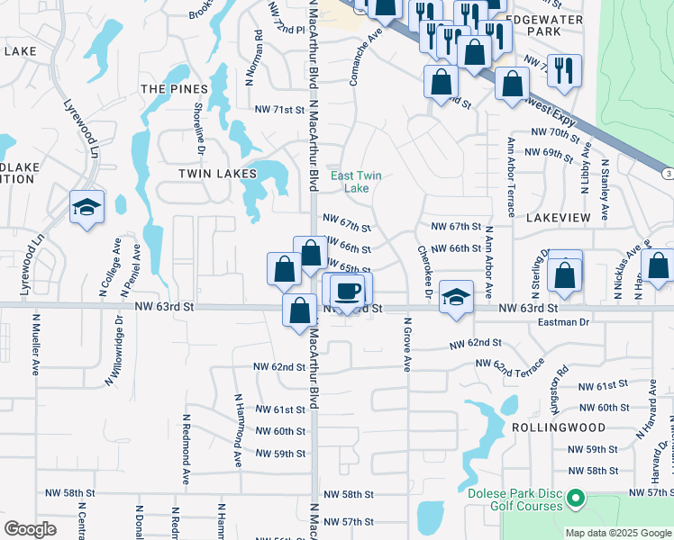 map of restaurants, bars, coffee shops, grocery stores, and more near 5800 Northwest 65th Street in Warr Acres