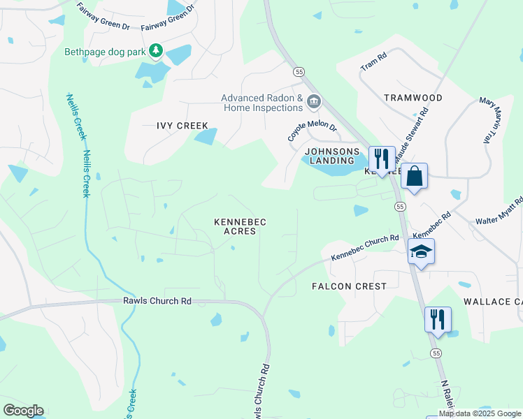 map of restaurants, bars, coffee shops, grocery stores, and more near 8209 Oakcliff Lane in Angier