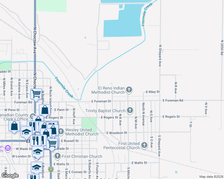map of restaurants, bars, coffee shops, grocery stores, and more near 401 North Donald Avenue in El Reno