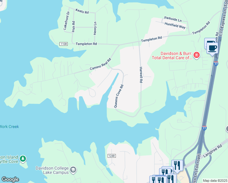 map of restaurants, bars, coffee shops, grocery stores, and more near 111 Queens Cove Road in Mooresville