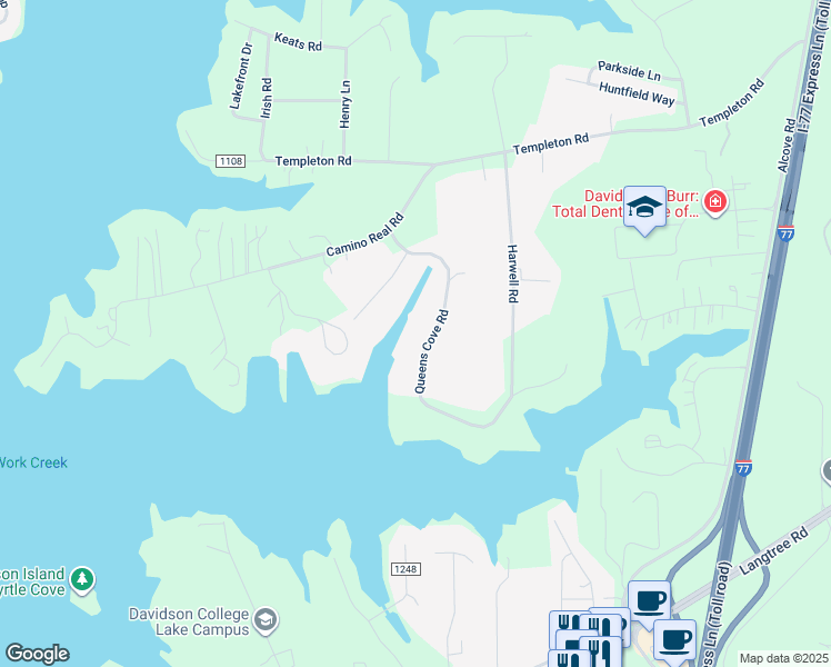 map of restaurants, bars, coffee shops, grocery stores, and more near Queens Cove Road in Mooresville