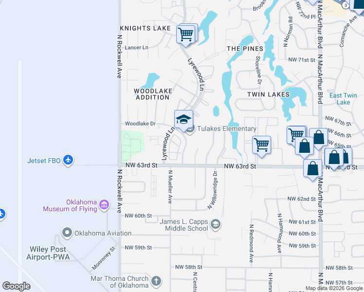 map of restaurants, bars, coffee shops, grocery stores, and more near 6424 Galaxie Drive in Oklahoma City