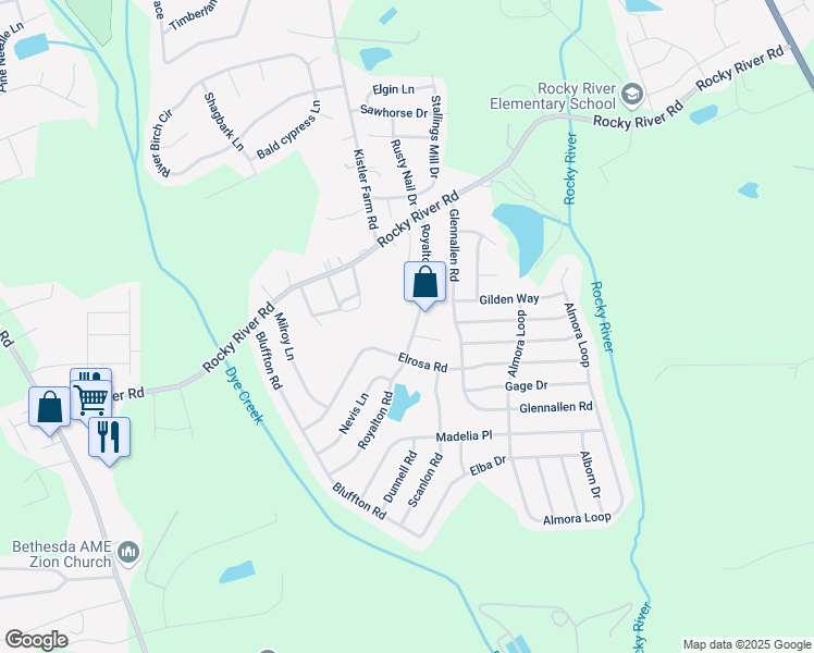 map of restaurants, bars, coffee shops, grocery stores, and more near 174 Royalton Road in Mooresville