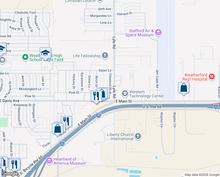 map of restaurants, bars, coffee shops, grocery stores, and more near 2222 Pine Street in Weatherford