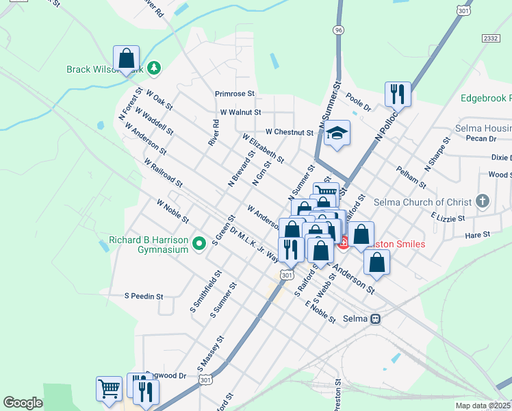 map of restaurants, bars, coffee shops, grocery stores, and more near 505 West Anderson Street in Selma