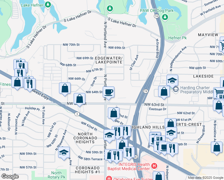 map of restaurants, bars, coffee shops, grocery stores, and more near 6436 North Portland Avenue in Oklahoma City