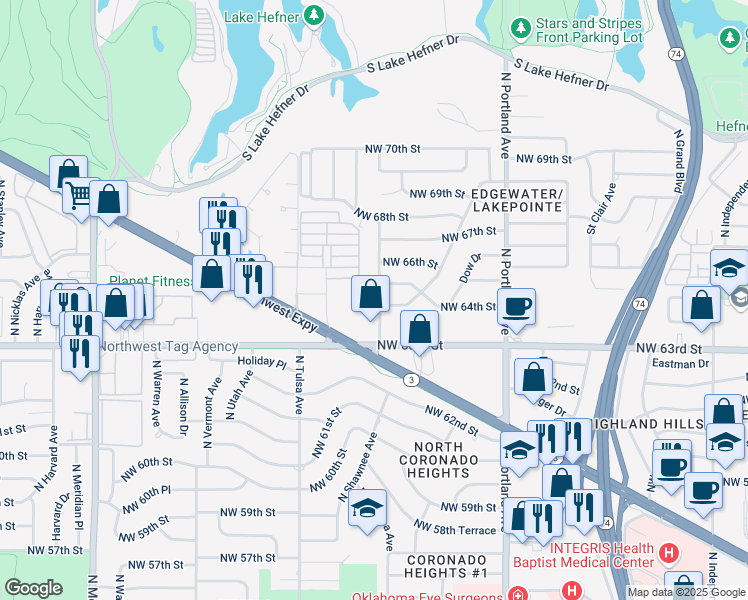 map of restaurants, bars, coffee shops, grocery stores, and more near 3844 Northwest 64th Street in Oklahoma City