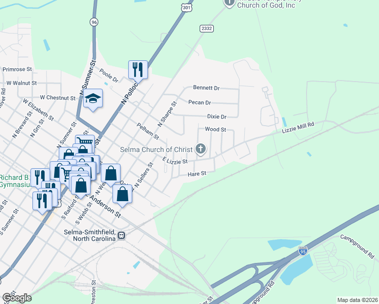 map of restaurants, bars, coffee shops, grocery stores, and more near 701 East Lizzie Street in Selma