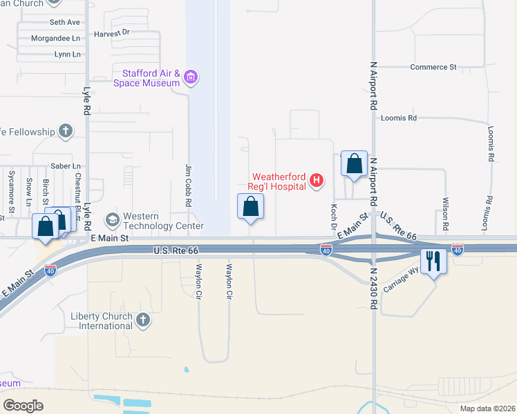 map of restaurants, bars, coffee shops, grocery stores, and more near 3401 East Main Street in Weatherford