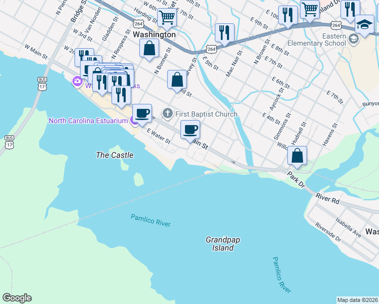 map of restaurants, bars, coffee shops, grocery stores, and more near 599 East Water Street in Washington