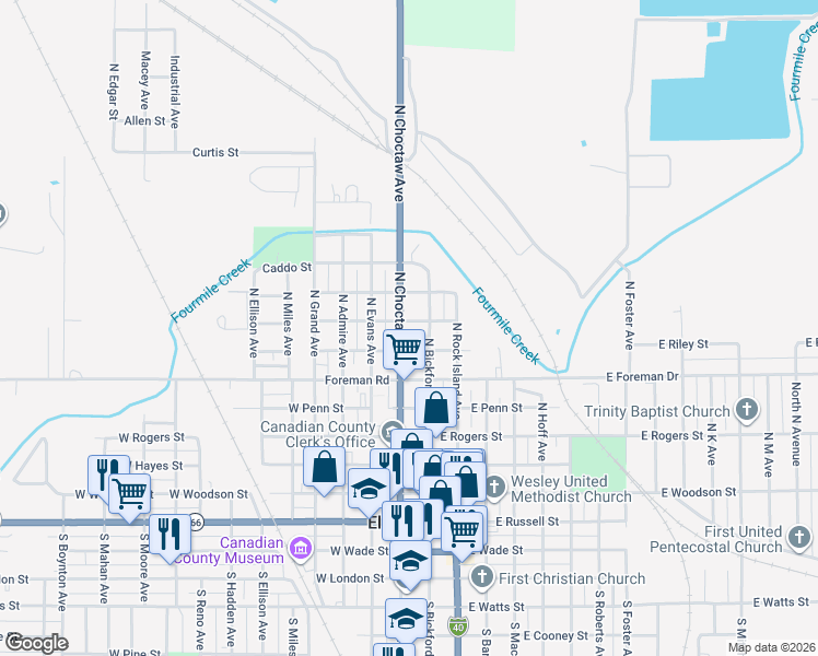 map of restaurants, bars, coffee shops, grocery stores, and more near 600 North Choctaw Avenue in El Reno