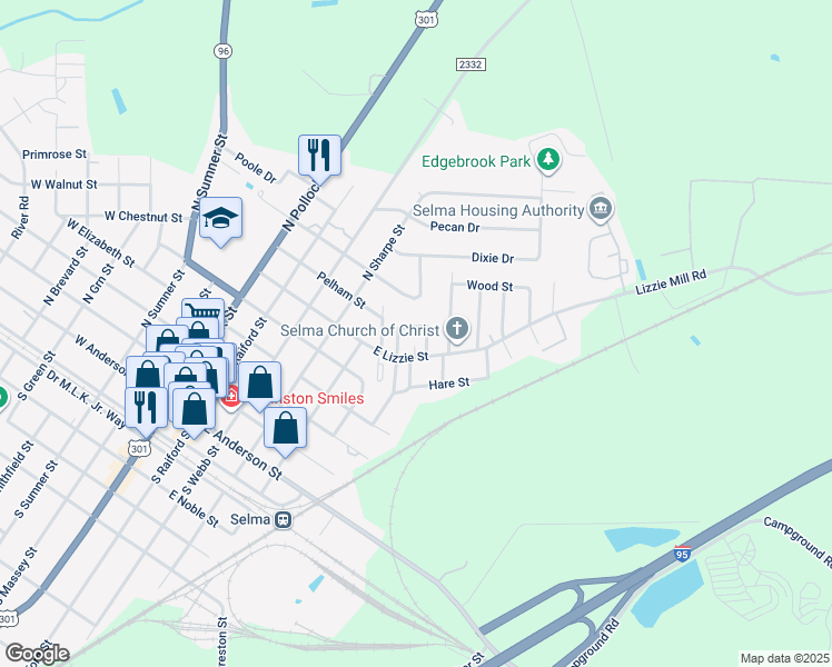 map of restaurants, bars, coffee shops, grocery stores, and more near 506 Winston Circle in Selma