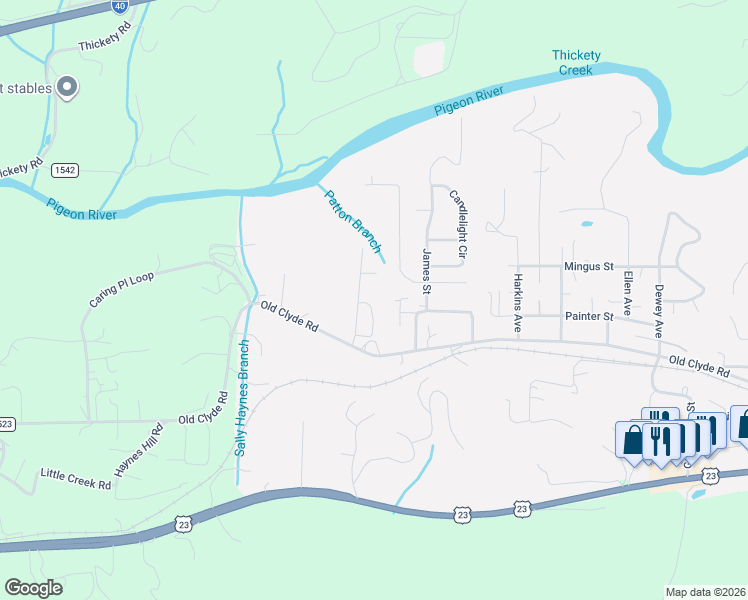 map of restaurants, bars, coffee shops, grocery stores, and more near 5593 Old Clyde Road in Clyde