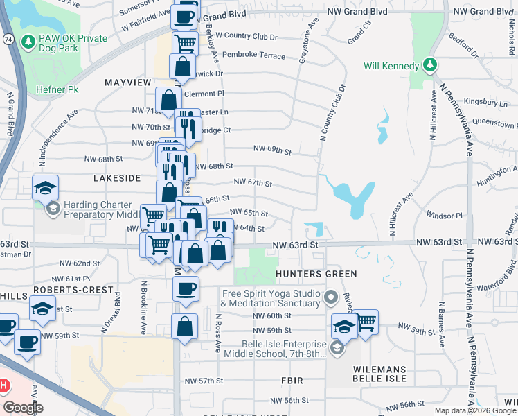 map of restaurants, bars, coffee shops, grocery stores, and more near 2624 Northwest 65th Street in Oklahoma City