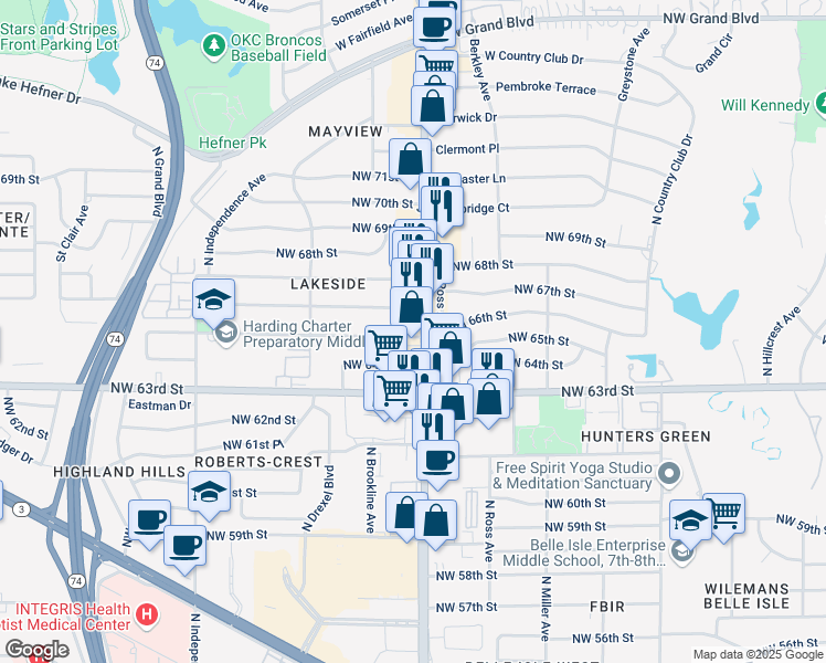 map of restaurants, bars, coffee shops, grocery stores, and more near 6509 North May Avenue in Oklahoma City