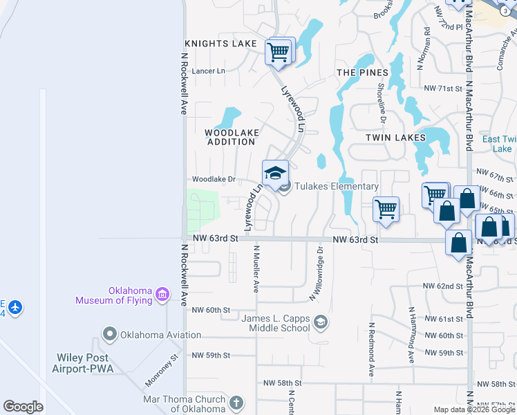 map of restaurants, bars, coffee shops, grocery stores, and more near 6408 Lyrewood Terrace in Oklahoma City