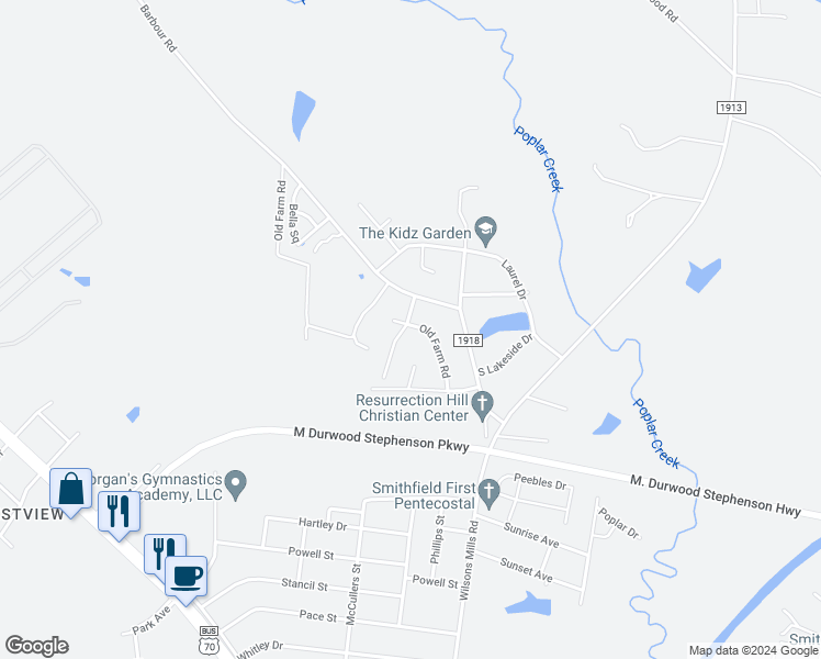 map of restaurants, bars, coffee shops, grocery stores, and more near 205 Evergreen Lane in Smithfield