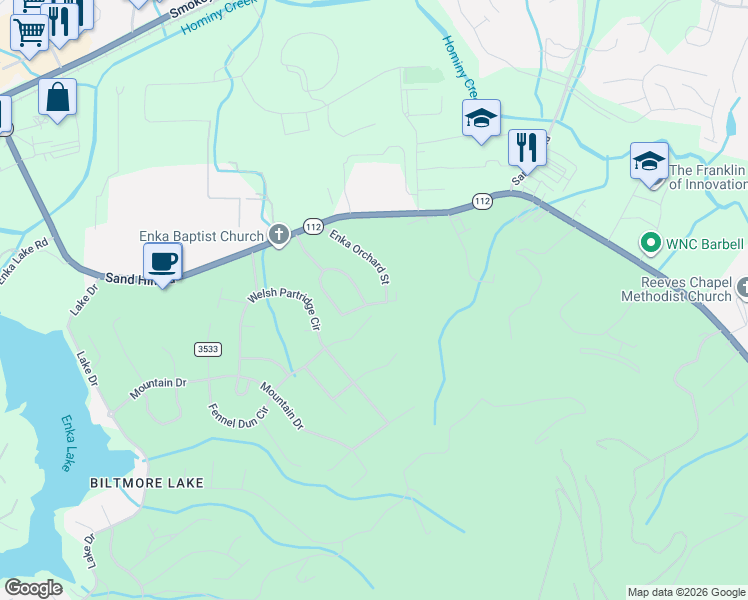 map of restaurants, bars, coffee shops, grocery stores, and more near 323 Fennel Dun Circle in Buncombe County