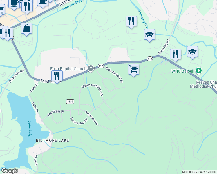 map of restaurants, bars, coffee shops, grocery stores, and more near 17 Enka Oak Street in Buncombe County