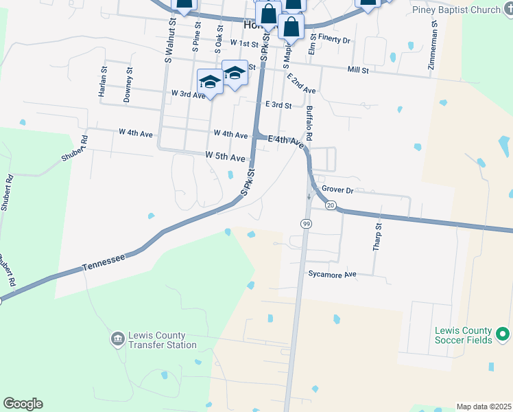map of restaurants, bars, coffee shops, grocery stores, and more near 529 1sg Charles Hudgins Street in Hohenwald