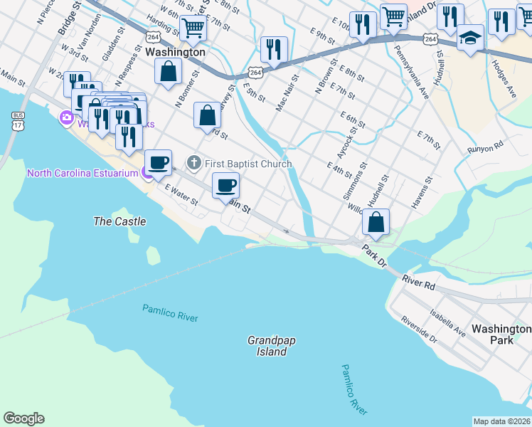 map of restaurants, bars, coffee shops, grocery stores, and more near 701 East Main Street in Washington