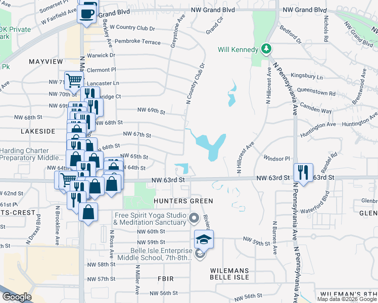 map of restaurants, bars, coffee shops, grocery stores, and more near 2500 Northwest 66th Street in Nichols Hills
