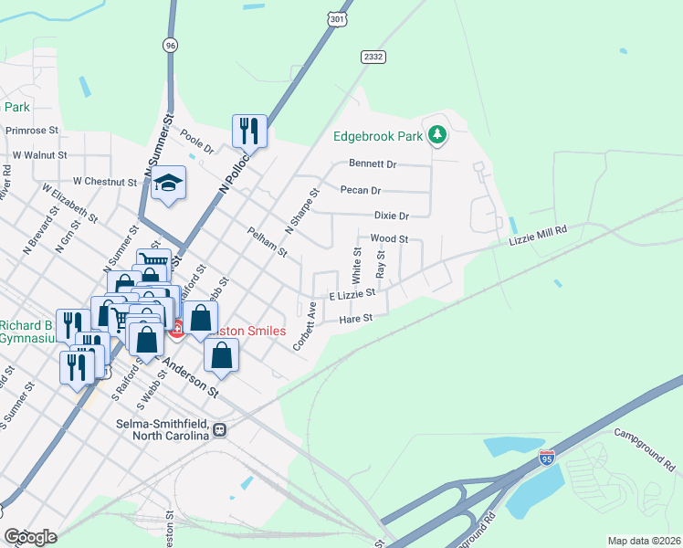 map of restaurants, bars, coffee shops, grocery stores, and more near 701 East Lizzie Street in Selma