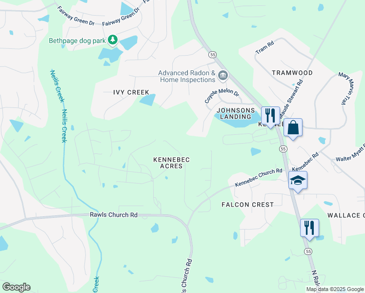 map of restaurants, bars, coffee shops, grocery stores, and more near 8205 Oakcliff Lane in Angier