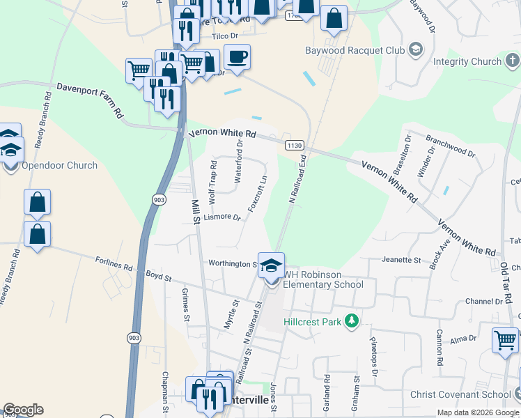 map of restaurants, bars, coffee shops, grocery stores, and more near 219 Foxcroft Lane in Winterville