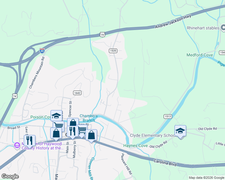 map of restaurants, bars, coffee shops, grocery stores, and more near 40 Overlook Drive in Clyde
