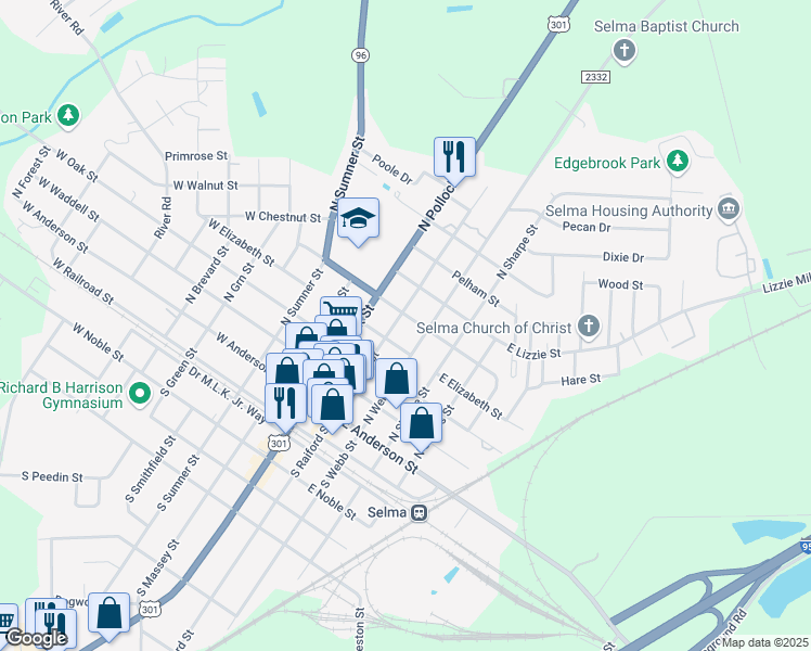 map of restaurants, bars, coffee shops, grocery stores, and more near 104 East Richardson Street in Selma