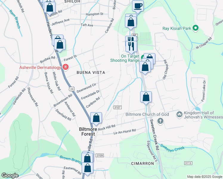 map of restaurants, bars, coffee shops, grocery stores, and more near 698 Caribou Road in Asheville