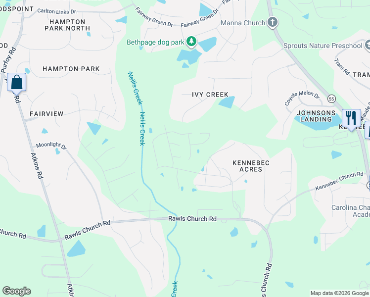 map of restaurants, bars, coffee shops, grocery stores, and more near 812 Tortie Lane in Angier