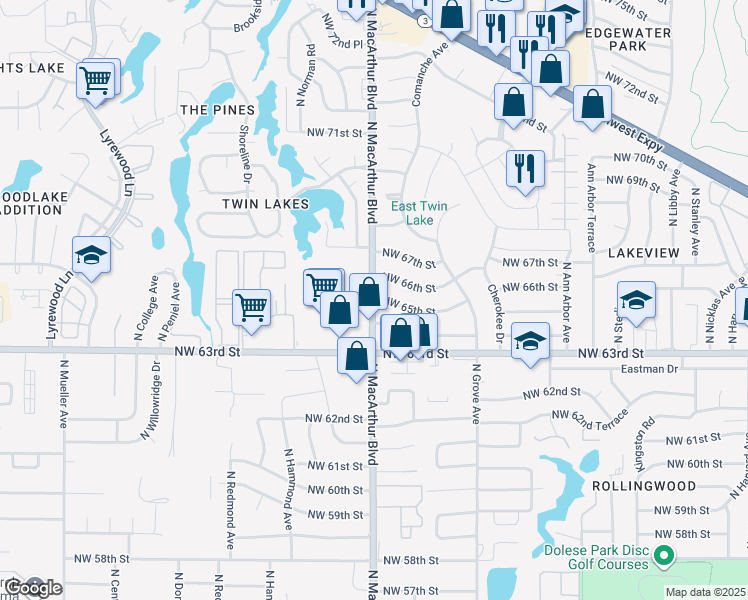map of restaurants, bars, coffee shops, grocery stores, and more near 8712 Northwest 65th Street in Oklahoma City