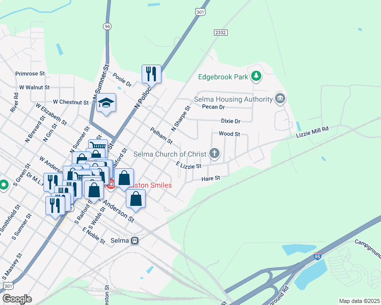 map of restaurants, bars, coffee shops, grocery stores, and more near 602 Howell Street in Selma