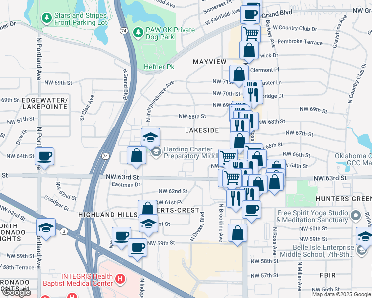map of restaurants, bars, coffee shops, grocery stores, and more near 3111 Hickory Sign Post Road in Oklahoma City