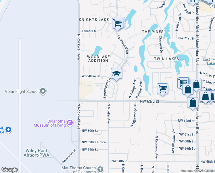 map of restaurants, bars, coffee shops, grocery stores, and more near 6408 Lyrewood Terrace in Oklahoma City