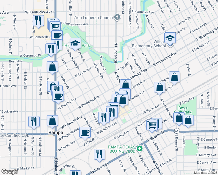 map of restaurants, bars, coffee shops, grocery stores, and more near 301-399 North Cuyler Street in Pampa