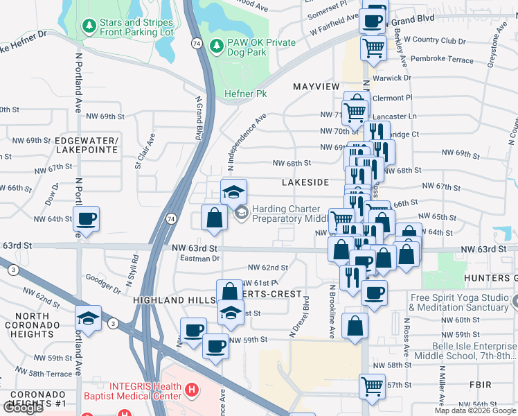 map of restaurants, bars, coffee shops, grocery stores, and more near 3124 Northwest 65th Street in Oklahoma City