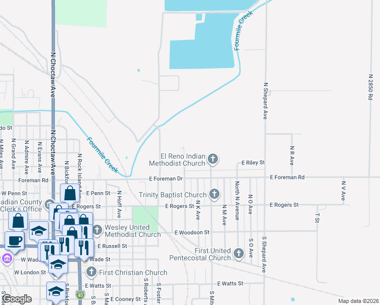 map of restaurants, bars, coffee shops, grocery stores, and more near 401 North Donald Avenue in El Reno