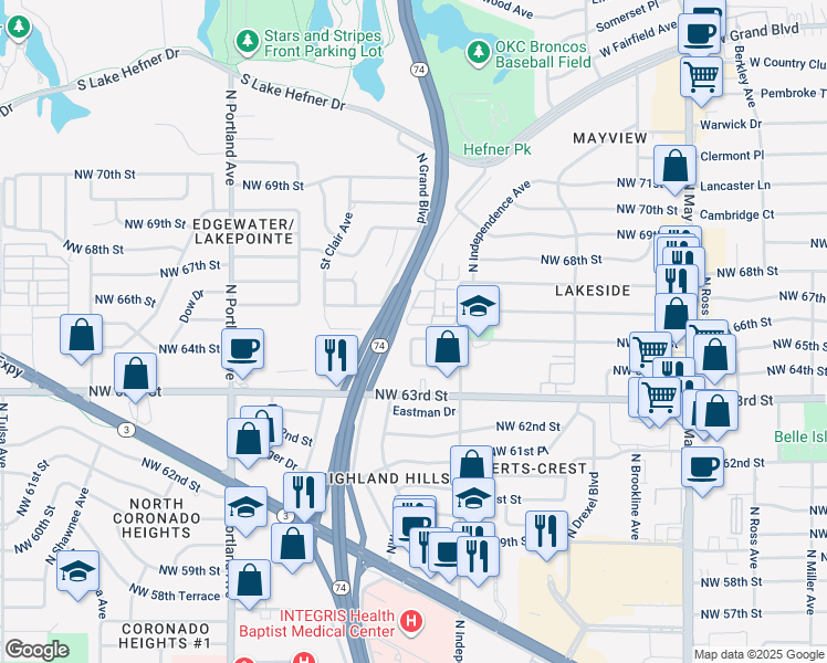 map of restaurants, bars, coffee shops, grocery stores, and more near 3329 Northwest 65th Street in Oklahoma City