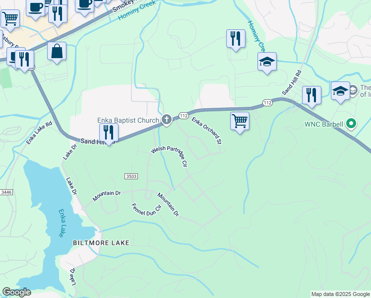 map of restaurants, bars, coffee shops, grocery stores, and more near 7 Enka Crescent Street in Candler