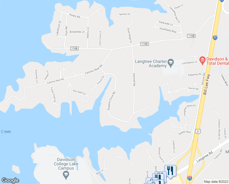 map of restaurants, bars, coffee shops, grocery stores, and more near Queens Cove Road in Mooresville