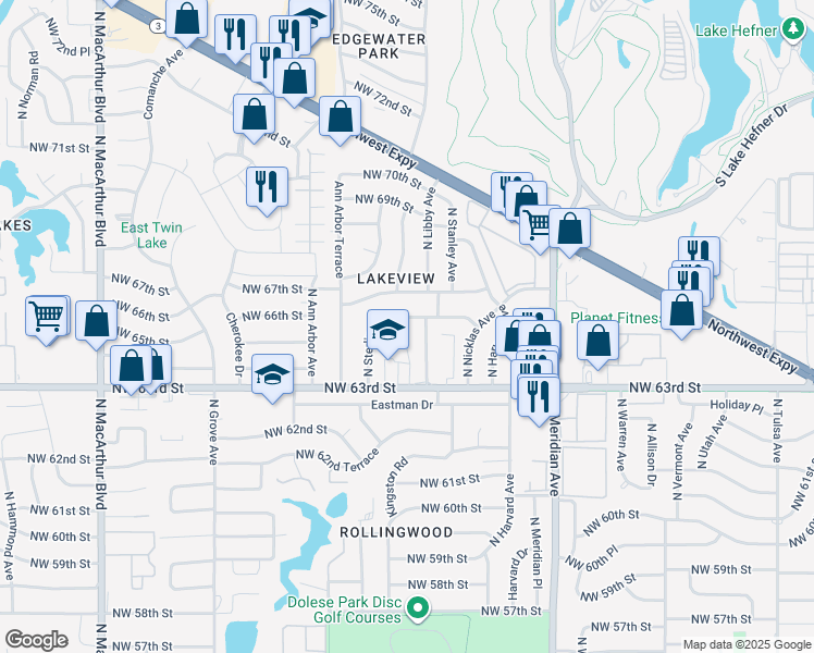 map of restaurants, bars, coffee shops, grocery stores, and more near 6469 North Sterling Drive in Oklahoma City