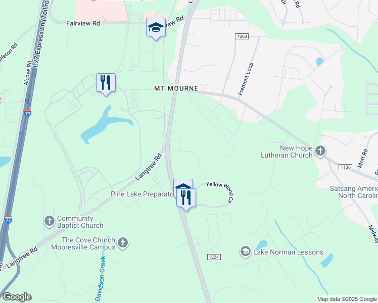 map of restaurants, bars, coffee shops, grocery stores, and more near Hobbs Lane in Mooresville
